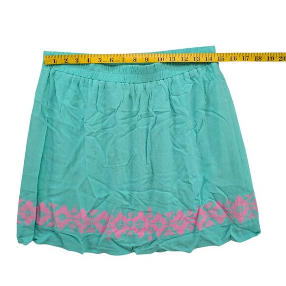 Buttons Mini Skirt Teal Green Pink Printed Pleated Lightweight Pull On Size M - Picture 5 of 7
